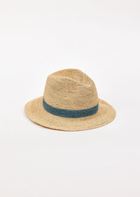 Beige straw hat with a blue band on a white background
