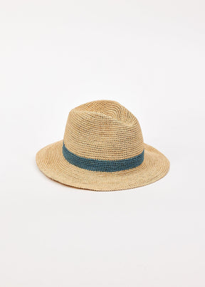 Beige straw hat with a blue band on a white background