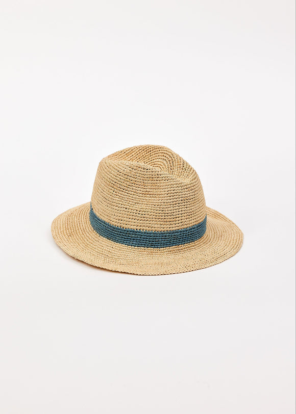 Beige straw hat with a blue band on a white background