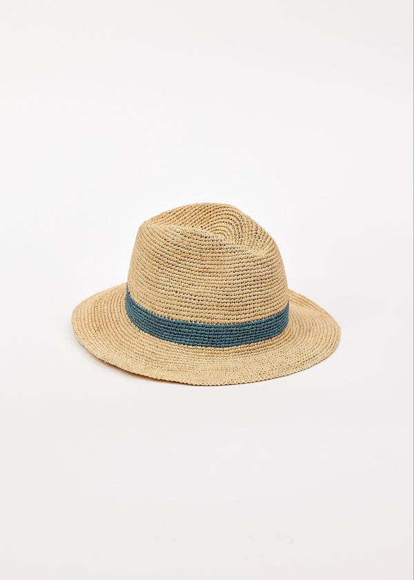 Beige straw hat with a blue band on a white background