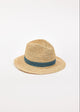 Beige straw hat with a blue band on a white background