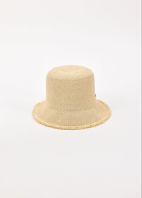 Beige woven bucket hat on a light beige background