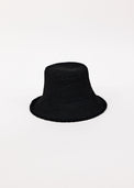 Black woven bucket hat on a white background