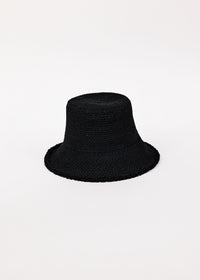 Black woven bucket hat on a white background