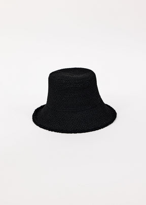 Black woven bucket hat on a white background