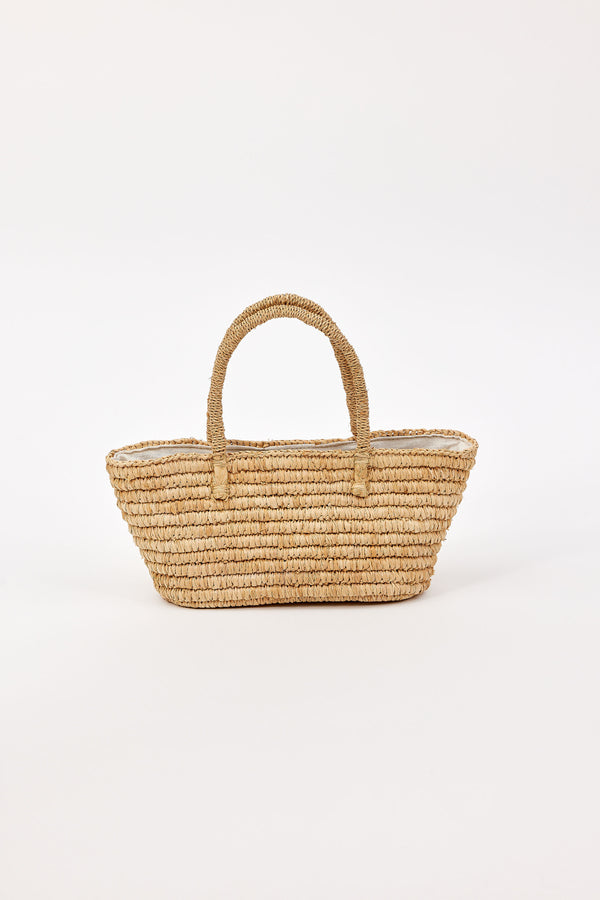 Woven straw bag on a white background