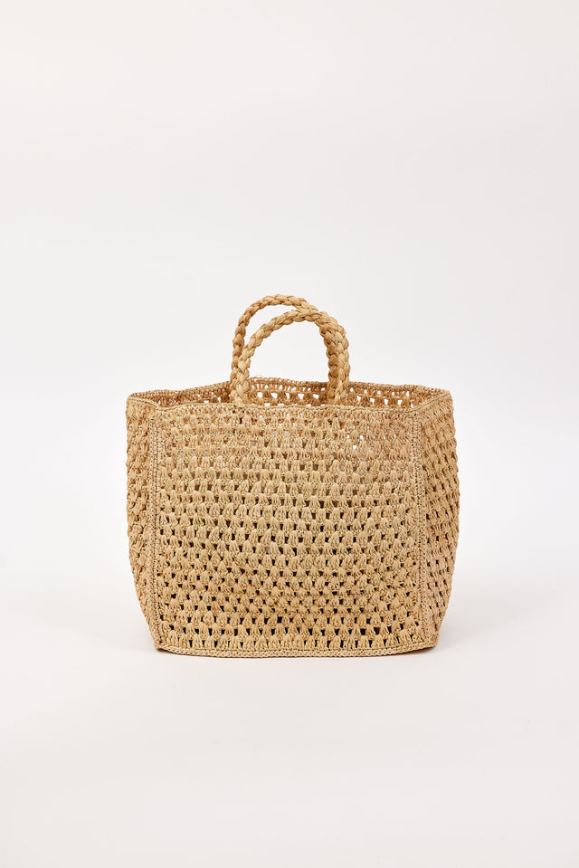 Woven bag with handles on a white background