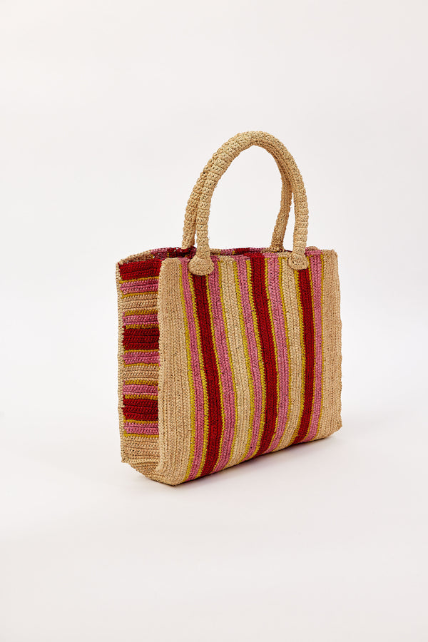 Woven handbag with red and beige stripes on a white background