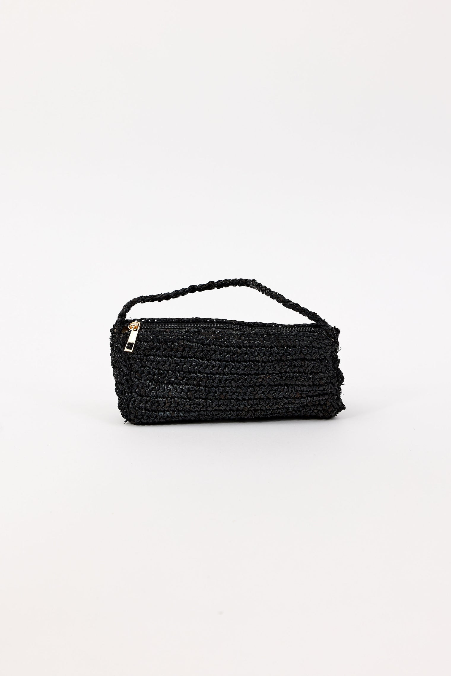Black woven handbag on a white background