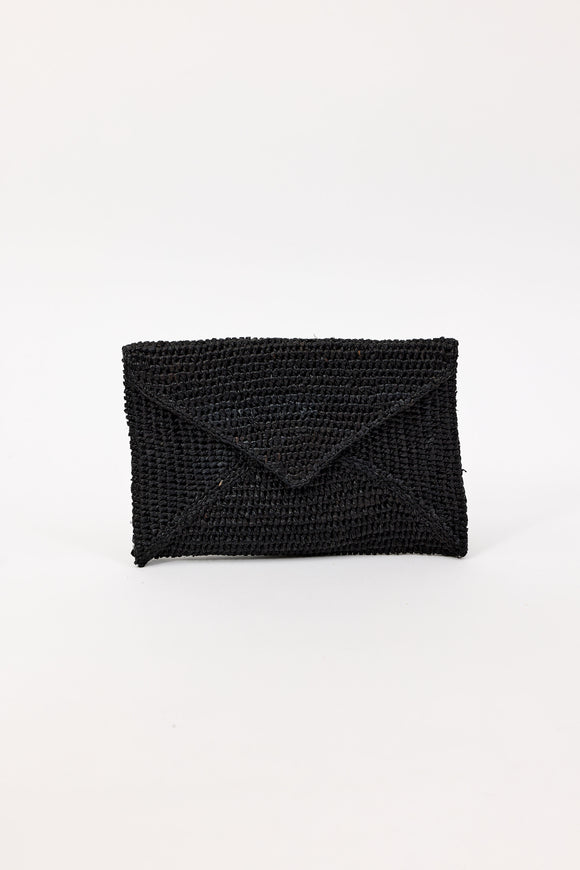 Black woven envelope clutch on a white background