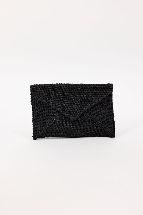 Black woven envelope clutch on a white background
