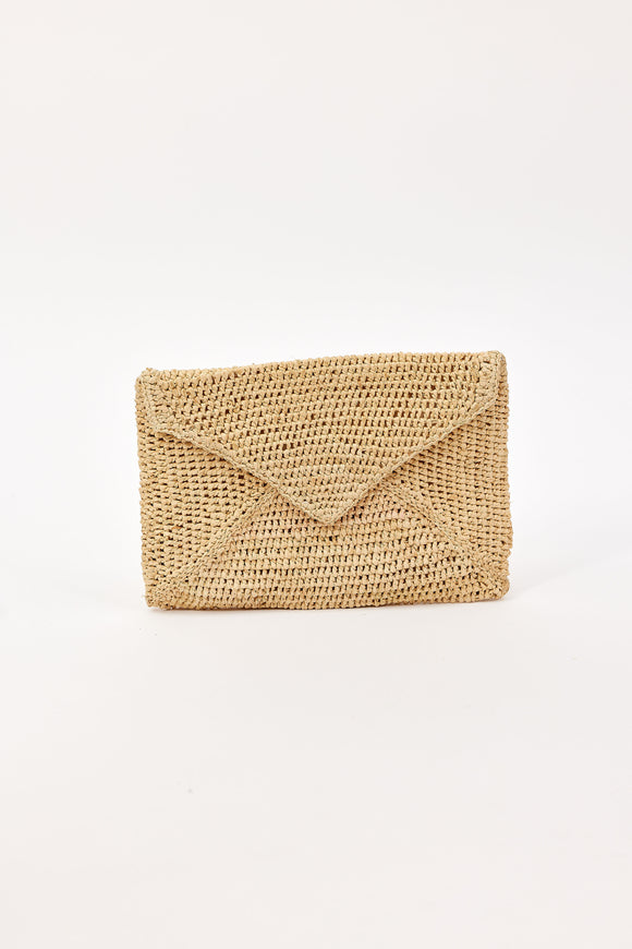 Woven envelope clutch bag on a white background