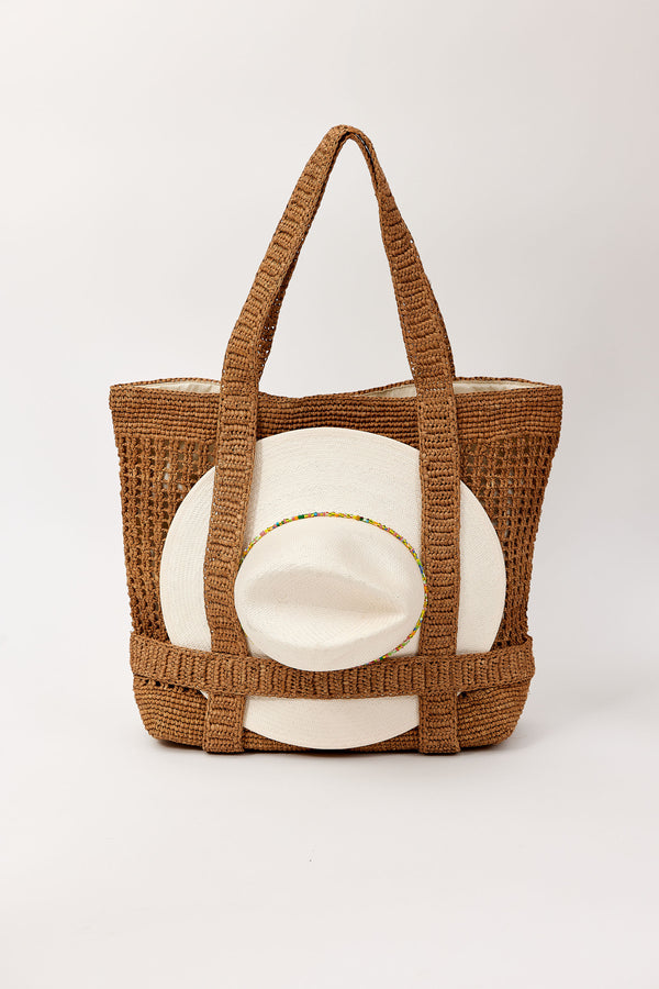 Brown straw bag with white sunhat