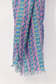 Colorful patterned scarf with blue, pink, and green design on a white background
