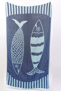Towel with fish design and striped border on a white background