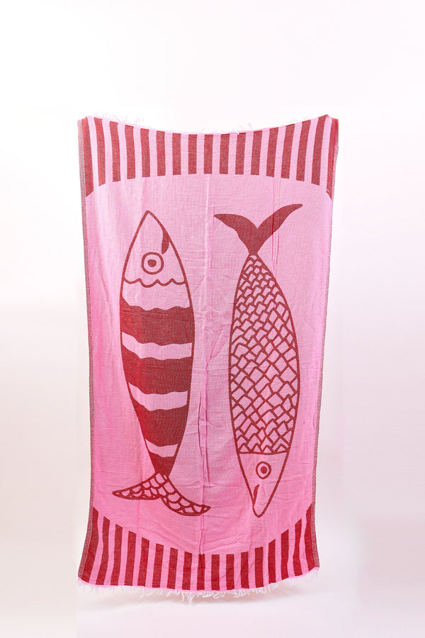 Towel with fish design and red and white stripes on a white background