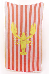 Striped towel with a yellow lobster design on a white background