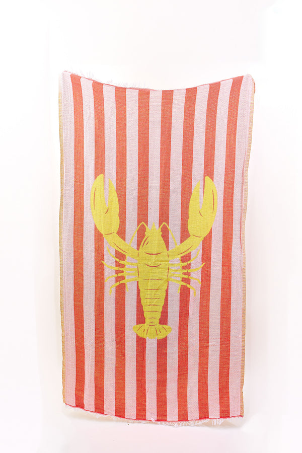 Striped towel with a yellow lobster design on a white background
