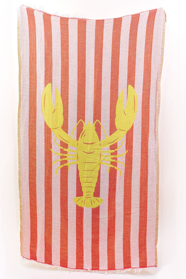 Striped towel with a yellow lobster design on a white background