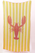 Striped towel with a red lobster design on a white background