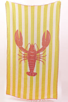 Striped towel with a red lobster design on a white background