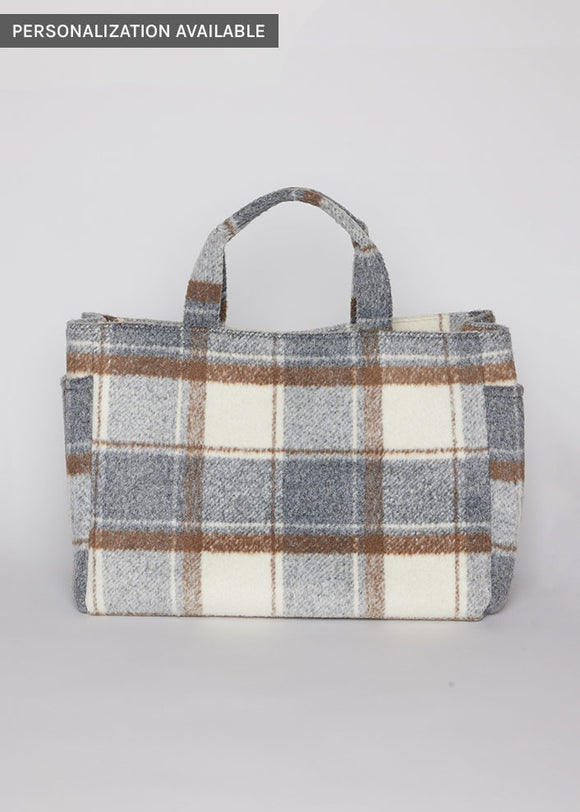 Grey and ivory plaid tote