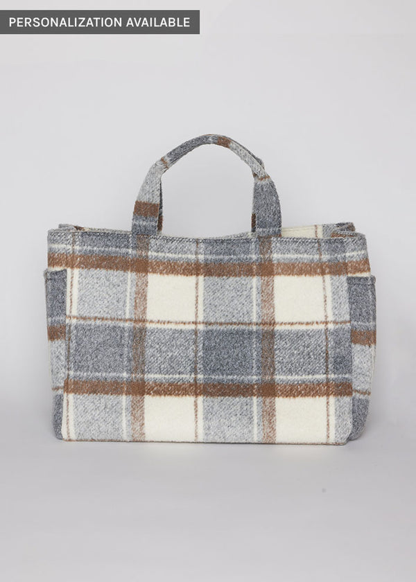 brown and grey plaid tote