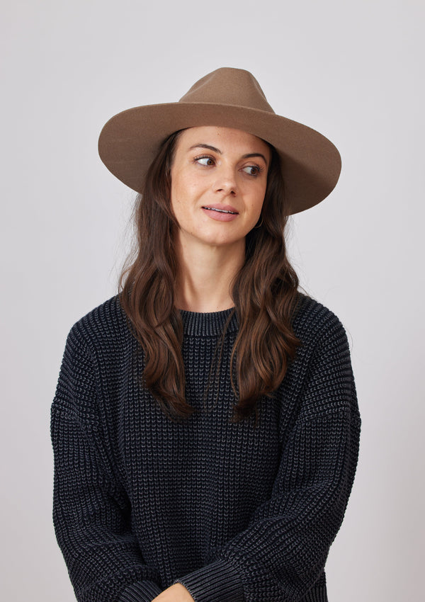 Model looking to her left wearing a taupe brown brimmed hat
