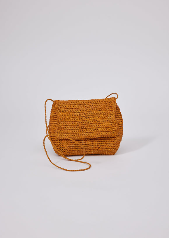 Small tobacco brown straw crossbody bag