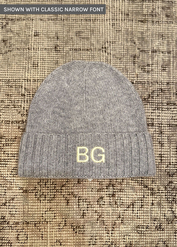 grey cashmere beanie with narrow font embroidery