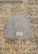 grey cashmere beanie with narrow font embroidery