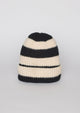 Black and ivory striped ribbed knit cuffed beanie