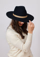 Model holding brim of black wool felt hat with taupe ribbon