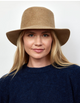 Model wearing camel brown velour brimmed hat