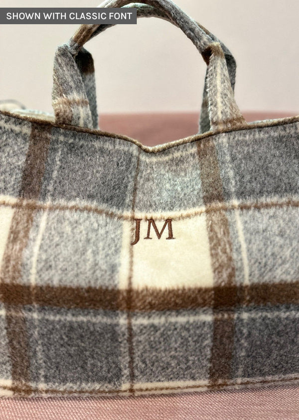 brown and grey tote with embroidered initials