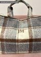 brown and grey tote with embroidered initials