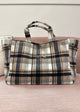 navy and grey plaid tote with script embroidery