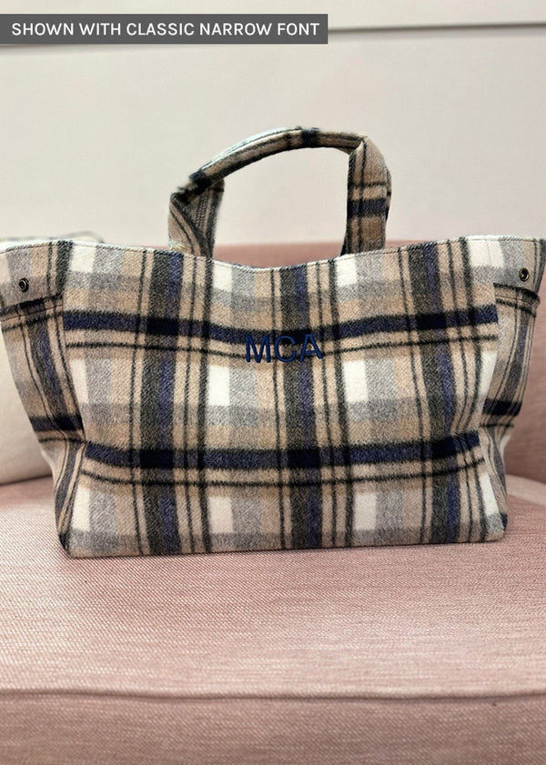 Navy and tan plaid tote with navy embroidered letters