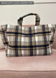 Navy and tan plaid tote with navy embroidered letters