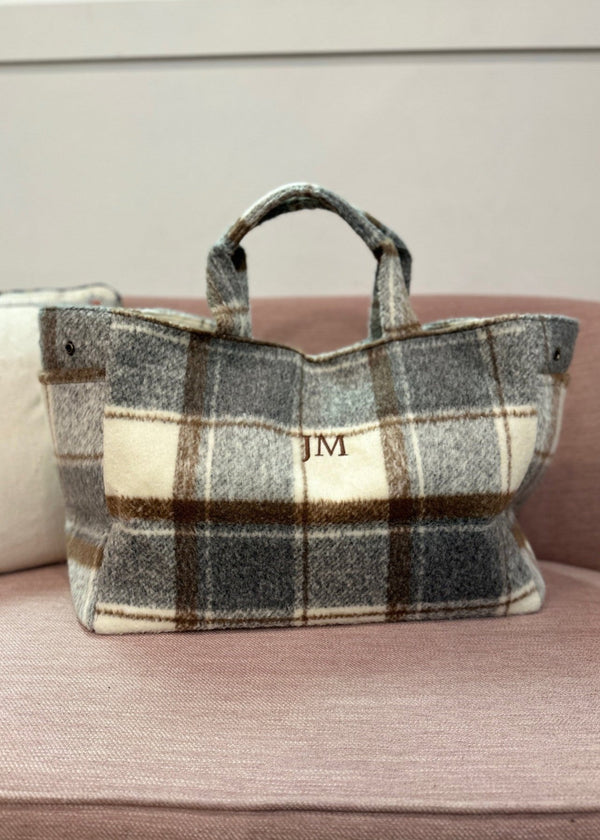 plaid tote with brown embroidered initials