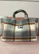 plaid tote with navy embroidered initials