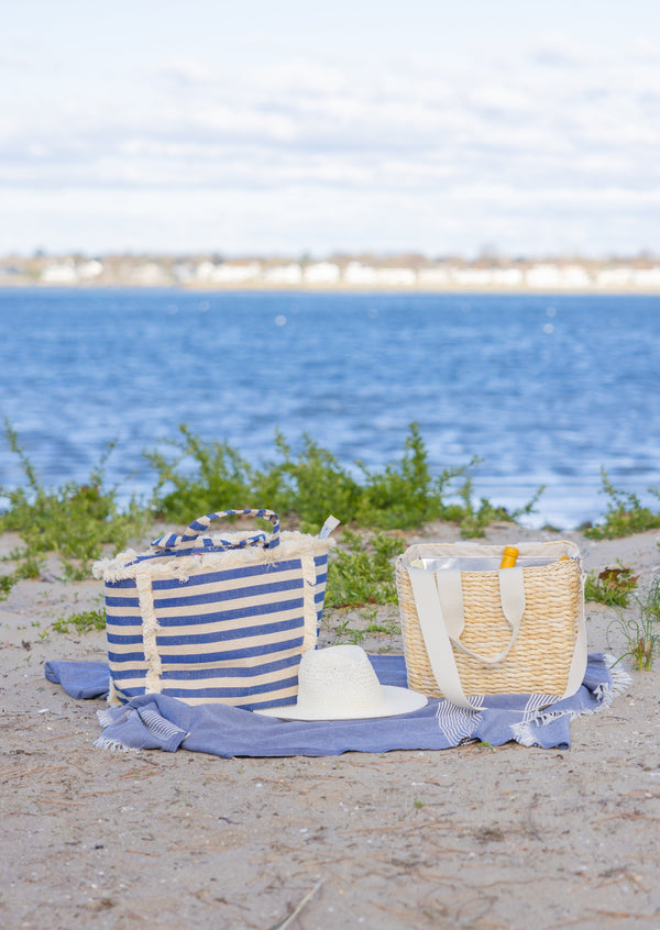 Canvas cooler in denim stripe with Straw cooler on beach