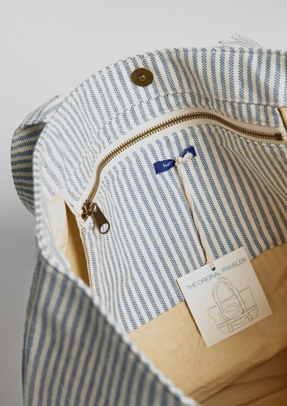 Inside of blue and white striped tote bag