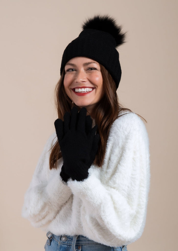 Black Cashmere Glove on model with matching black beanie