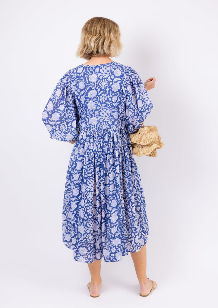 Blue floral beach dress on model from back
