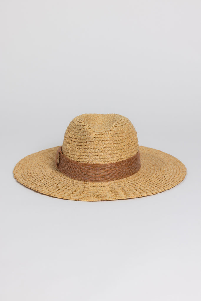 Braided Raffia Continental hat with tobacco colored jute trim