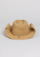 Back of raffia straw cowboy hat with gold wrap trim