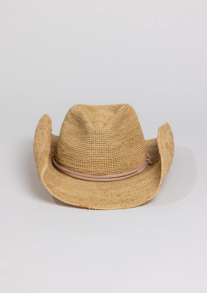 Raffia straw cowboy hat with tan wrap detail