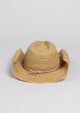 Back of raffia straw cowboy hat with tan wrap detail