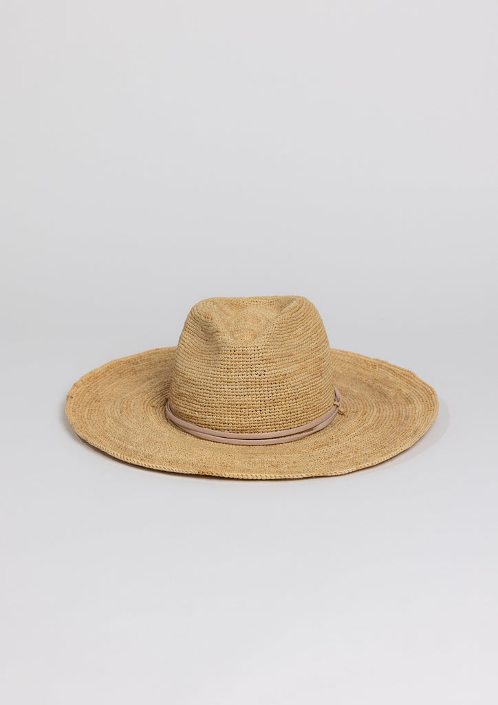 Raffia straw continental hat with tan wrap detail